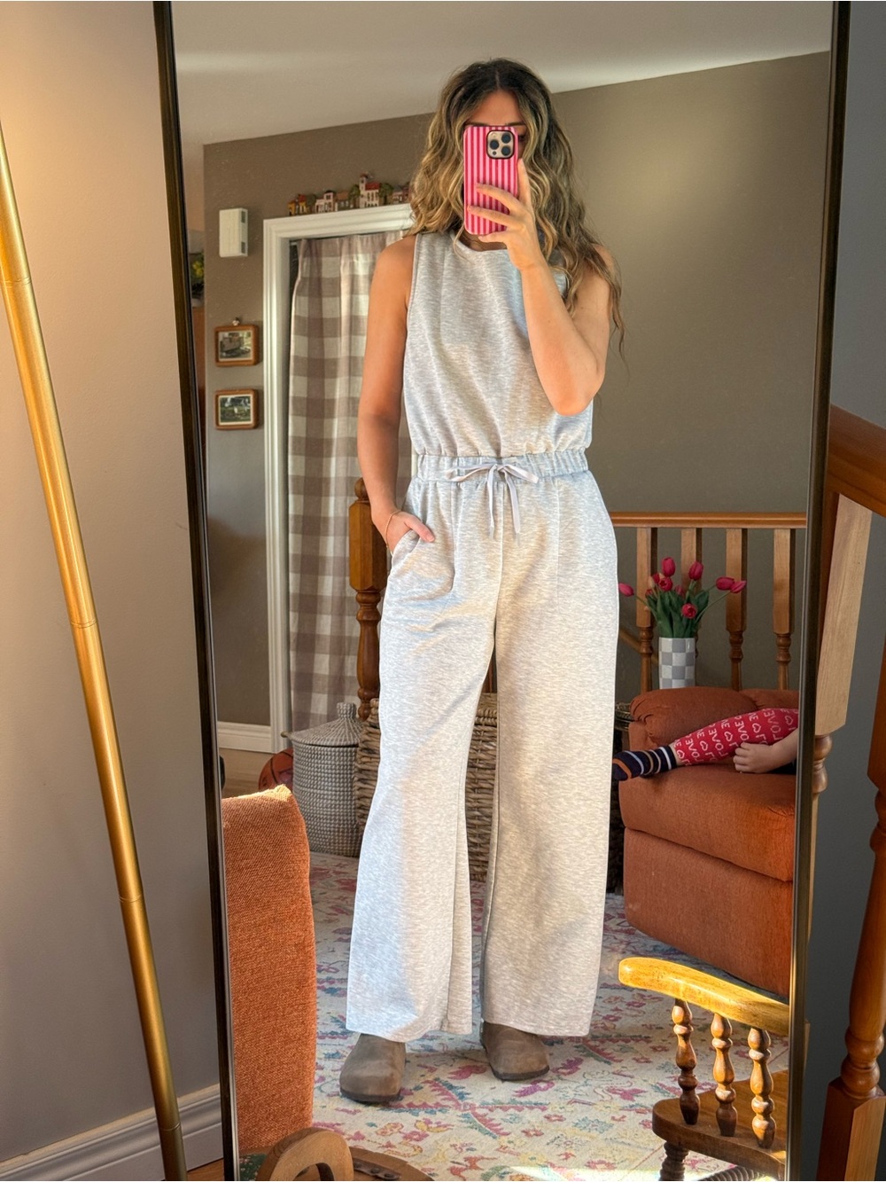 Amazon Light Gray Sleeveless Jumpsuit with Drawstring Waist